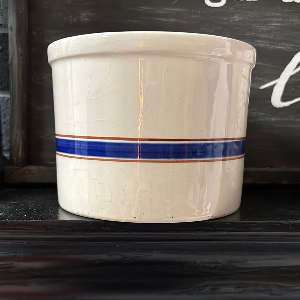 Vintage Lillian Vernon Ceramic Crock with Blue Stripe